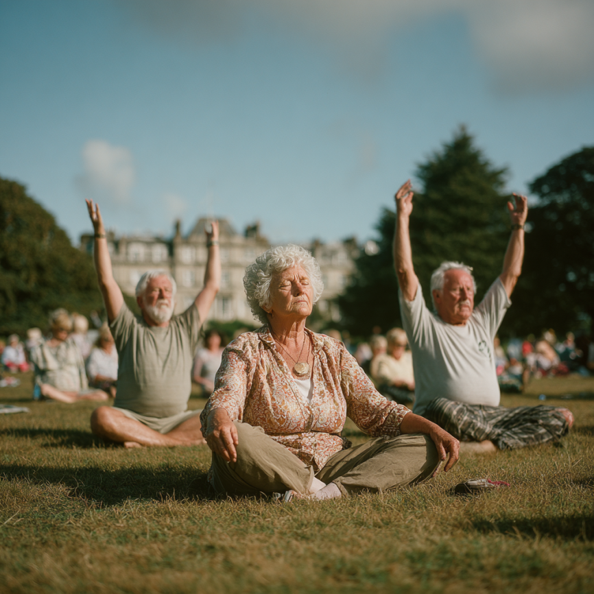 Літня жінка займається йогою