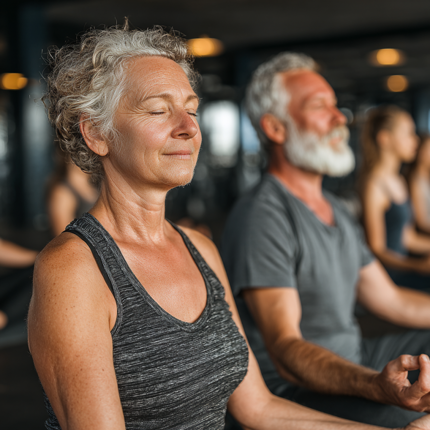 Група літніх людей займається йогою