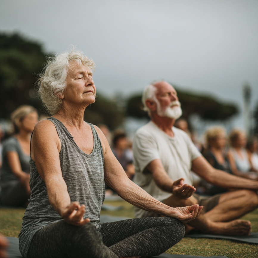 Літня пара займається йогою в парку